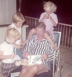 1965 Oct 11, Cali, Dad's birthday-Scotty, Jeannie, Barbara, Dad opening gifts